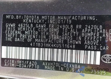 2019 Toyota Camry Hybrid Le from USA, damaged, VIN 4T1B31HK4KU511648